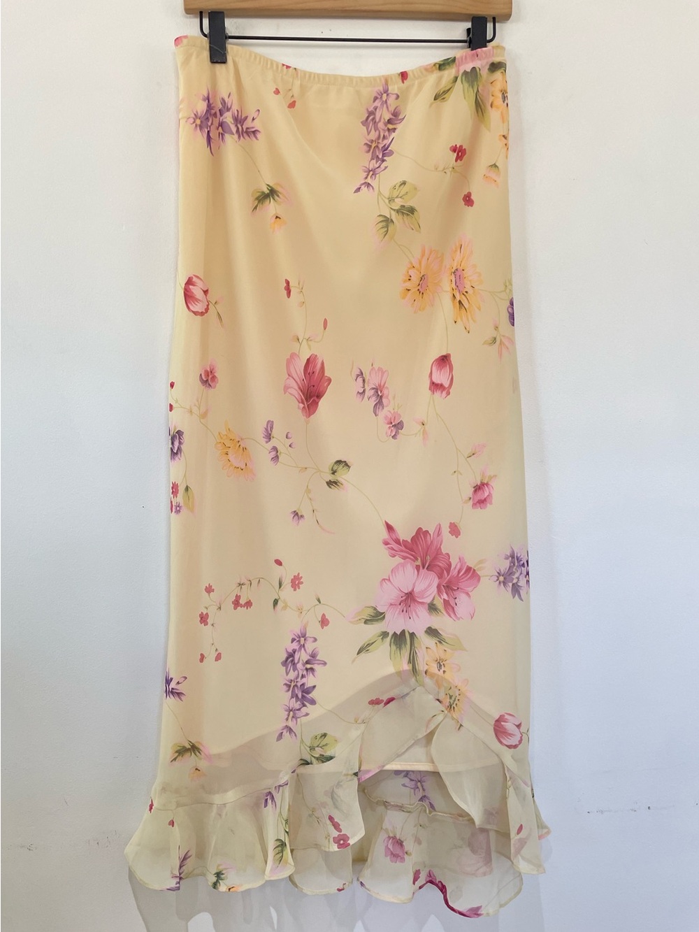 Vintage Floral Chiffon Midi Skirt Size 16 Yellow Ruffle Hem Cottagecore Y2K